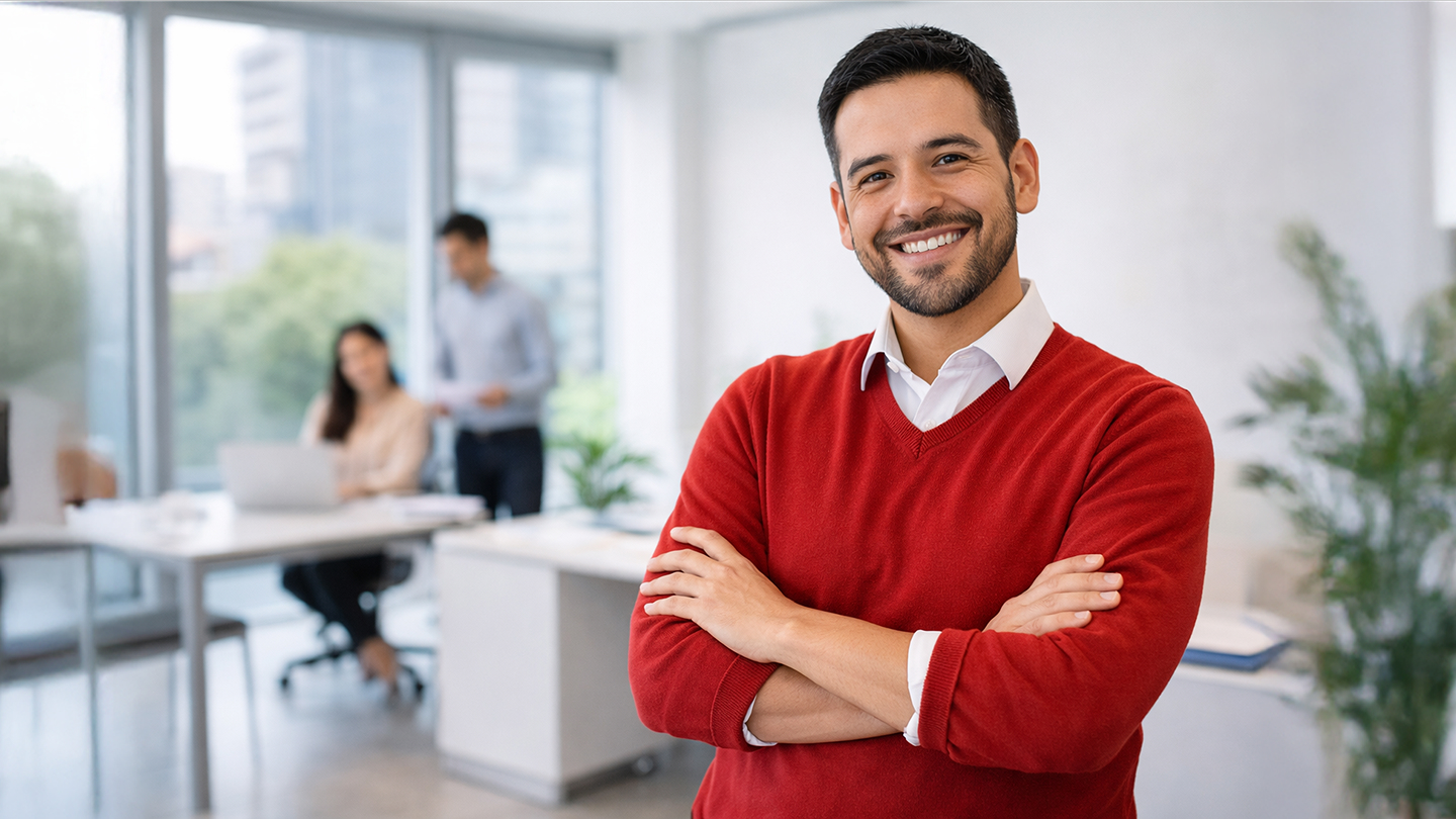 Hombre sonriendo con brazos cruzados